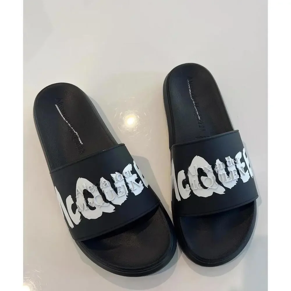 $350 Alexander McQueen Graffiti Rubber Pool Slides Black White Sandals Size 43.5